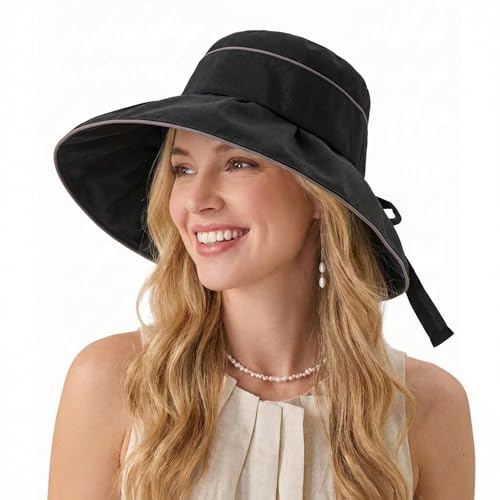 Women Summer Sun Hats Wide Brim Foldable Packable UPF 80+ UV Protection Travel Beach Outdoor Bucket Hat Bow Tie - color: Black