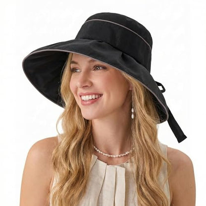 Women Summer Sun Hats Wide Brim Foldable Packable UPF 80+ UV Protection Travel Beach Outdoor Bucket Hat Bow Tie - color: Black