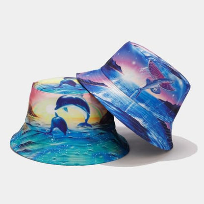 Quanhaigou Bucket Hat for Men Women,Packable Reversible Printed Sun Hats,Fisherman Outdoor Summer Travel Hiking Beach Caps - color: Dolphin Ocean