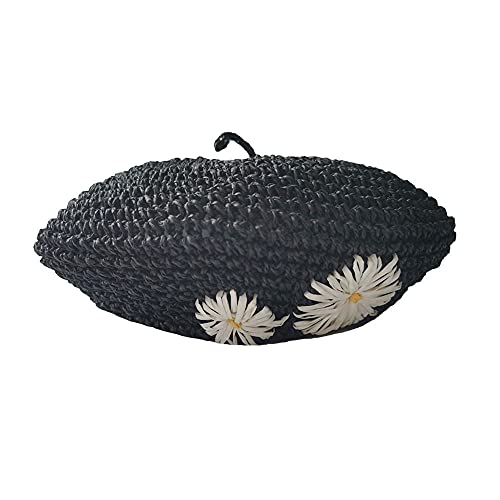 Straw Beret Summer French Beret Hats for Women Artist Crochet Beret - color: Black Flower