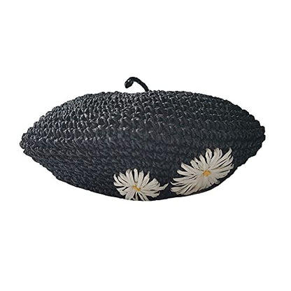 Straw Beret Summer French Beret Hats for Women Artist Crochet Beret - color: Black Flower