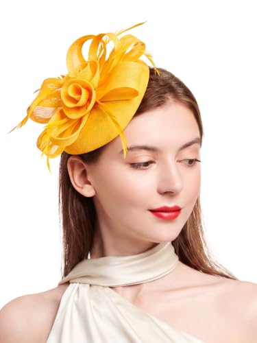 Flower Fascinator Hat Headband Clip for Women Tea Party - color: Yellow-02