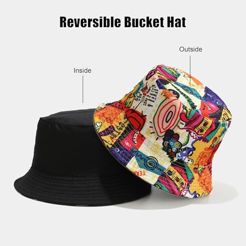 Bucket Hat for Women Men, Cotton Reversible Double Side Wear Sun Hats Beach Fisherman Hat - color: Colorful Graffiti