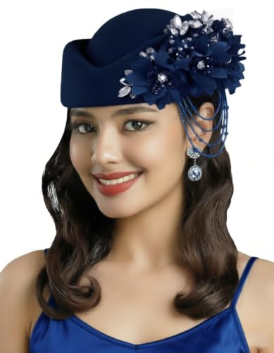 ORIDOOR Women's American and British Felt hat Church Derby Wedding Tea Party Crystal Flower Decoration Beret hat - color: 03-navy Blue