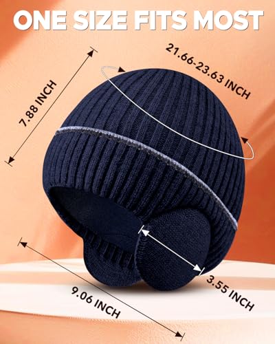 BEACE Winter Fleece Line Beanie Knit Hats with Ear Flaps for Men Women,Warm Thermal Stocking Caps for Outdoor Cold Weather - color: Dpblue