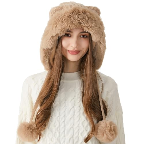 HUAMULAN Women Winter Sherpa Beanie Hats Knit Ear Flaps Fleece Lined - color: Khaki