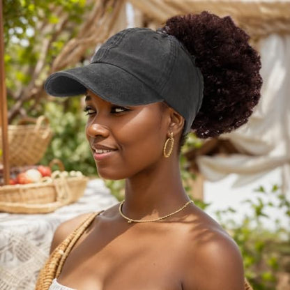 2 Pack Backless Cap for Women Natural Curly Hair Hat Baseball Cap Afro Puff Ponytail Hat - color: Black+blue