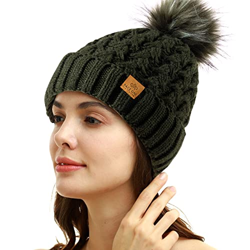 PAGE ONE Womens Winter Ribbed Beanie Crossed Cap Chunky Cable Knit Pompom Soft Warm Hat - color: Dark Green