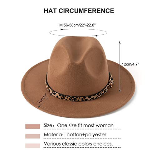 Women's Wide Brim Felt Fedora Panama Hat with Leopard - color: Khaki