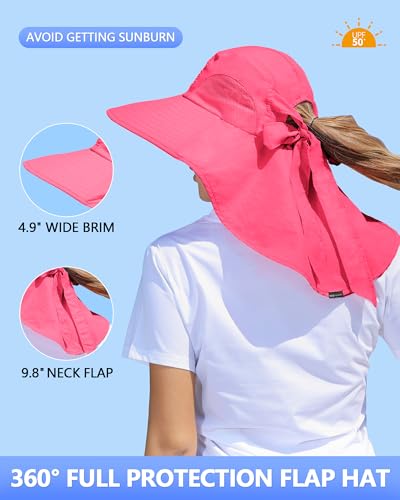 Womens Sun Hat Outdoor UV Protection Wide Brim Fishing Hat with Ponytail Hole Neck Flap for Beach Hiking Camping - color: Sun Hat-watermelon Red