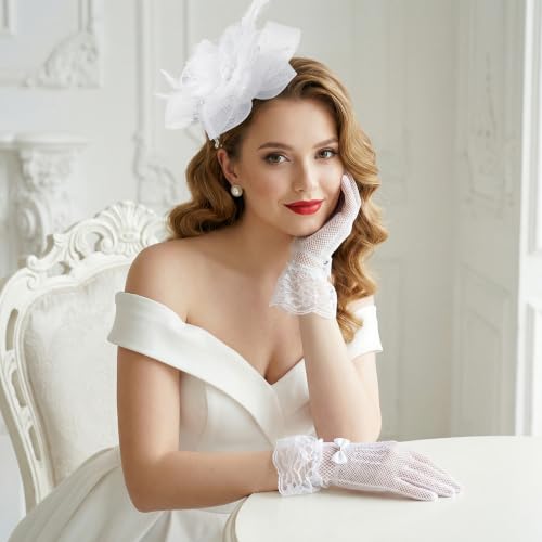 Fascinators Hats with Lace Gloves for Women Headband for Tea Party Wedding - color: White