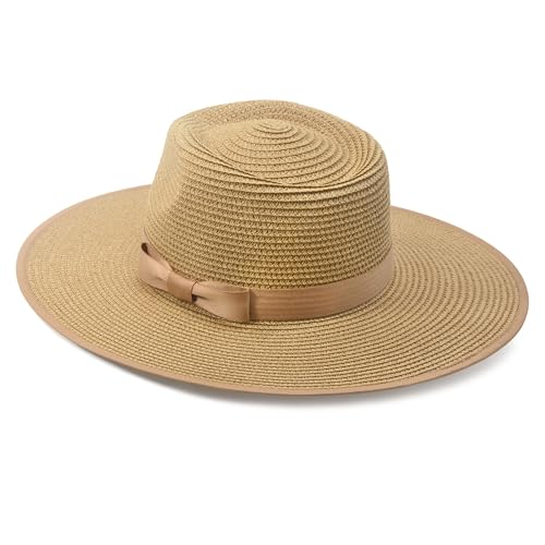 FLUFFY SENSE. Unisex Wide Brim Sun Hat Straw Panama Rancher Fedora Hat for Men Beach Hat for Women - color: Brown, size: Large