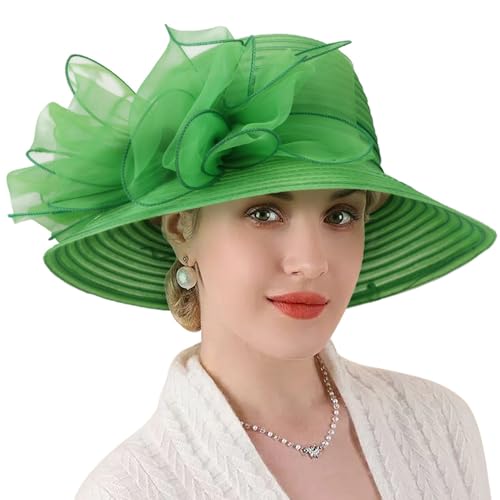 DRESHOW Lady Derby Dress Church Bowler Cloche Hat Bowknot Organza Bridal Cap for Wedding - color: 1 Pack: Green