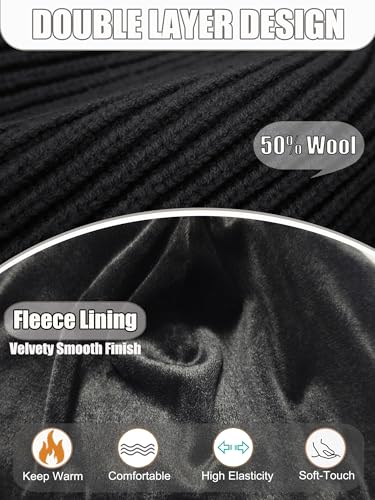 Short Wool Fisherman Beanie for Men Women Fleece Lined Winter Hat - color: 1pcs Black