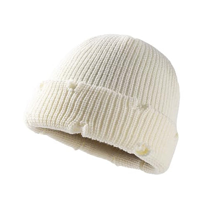 Unisex Warm Knit Skull Cap Hip-hop Slouchy Ripped Knitted Hat - color: White