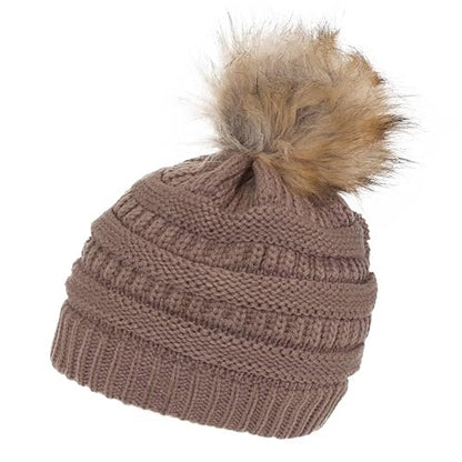 Gravity Threads Cable Knit Faux Fur Pom Pom Beanie Hat - color: Taupe