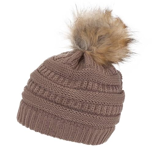 Gravity Threads Cable Knit Faux Fur Pom Pom Beanie Hat - color: Taupe
