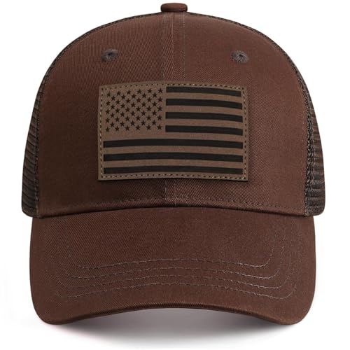 American Flag Trucker Hat - Snapback Hats for Men Women Baseball Cap - Breathable Mesh & Adjustable Fit for Casual Wear - color: Coffee