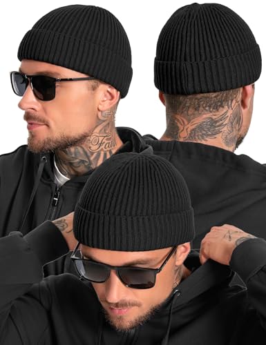 Fleece Lined Wool Short Fisherman Beanie Men Women Cuff Winter Hat - color: 1pc-black