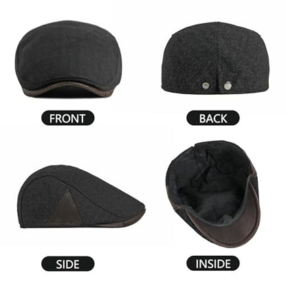 meioro Men's Cotton Newsboy Hat Adjustable Tweed Flat Cap for Men - color: Black
