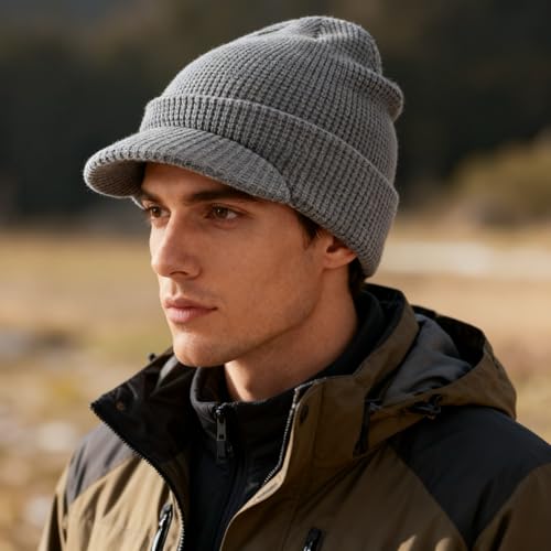 Home Prefer Mens Wool Blend Winter Hat Double-Layer Warm Knit Pre-Curve Visor Beanie Brimmed Beanies Hat for Men Women - color: Ash