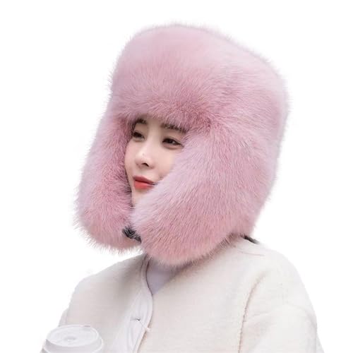Women's Fluffy Trapper Hat, Long Pile Faux Fur Ushanka hat with Buckle, Luxurious Mink-Style Winter Warm Hat - color: Pink