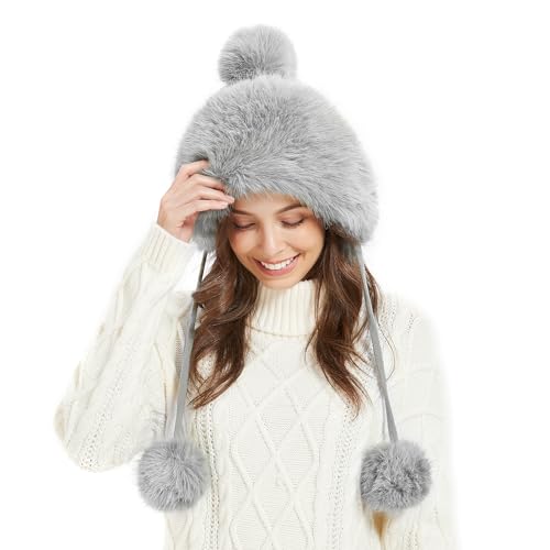 Winter Hats Cute Kint Hat Russian Fur Crochet Hat Slouchy Beanies with Pompom Warm Fuzzy Snow Cap Trapper Hat for Women - color: Gray