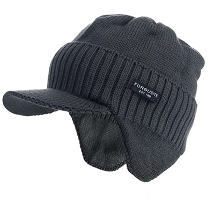 Ruphedy Mens Beanie with Brim Winter Hat Knitted Thick Fleece Visor Beanie - color: B323-grey
