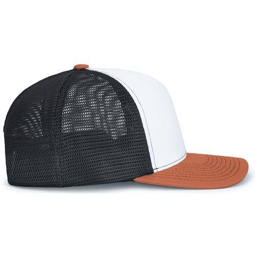 Pacific Headwear Contrast Stitch Trucker Pacflex Snapback Cap - color: White/Light Charcoal/Rust