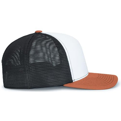 Pacific Headwear Contrast Stitch Trucker Pacflex Snapback Cap - color: White/Light Charcoal/Rust