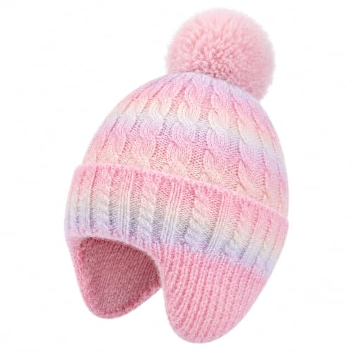 Girls Rainbow Earflap Beanie, Kids Pom Pom Knit Winter Ski Hat Ages 3-8 - color: Pompom - Pink/Blue/Yellow