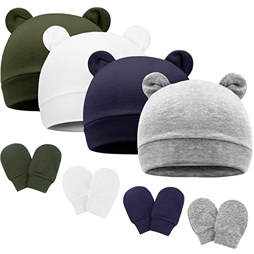 Newborn Baby Hat and Mittens Set Bear Ears Toddler Infant Beanie Caps Newborn Hospital Hat for Baby Boy Girl 0-3 Months - color: Bear Ear F