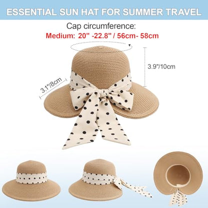 DRESHOW Sun Hats for Women Travel Fedora Foldable Beach Sun Hat Summer Wide Brim Straw Bucket Hat with Bowknot UPF 50+ - color: 1 Pack Bowknot Straw Hat: Khaki (Beige Polka Dot Band)