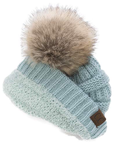 C.C Trendy Fuzzy Fleece Lined Warm Comfortable Soft Stretch Cable Knit Ribbed Faux Fur Pom Pom Beanie Hat - color: Mint Green