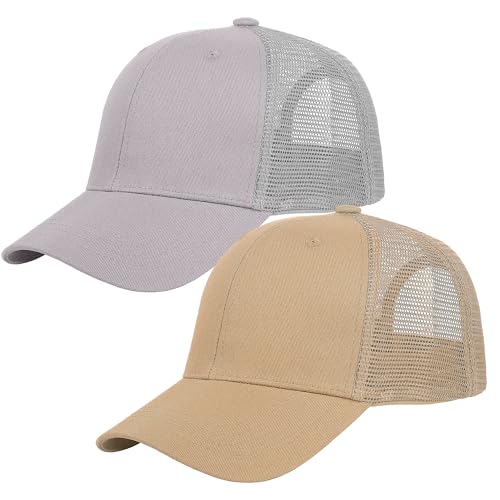 Falari Trucker Hat Baseball Cap Structured Plain Design 6 Panel, Adjustable Size - color: 2pk Khaki & Light Gray