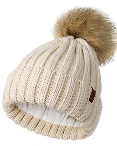 FURTALK Winter Beanie Hats for Women Fleece Lined Pom Pom Knitted Warm Beanie Caps - color: Beige