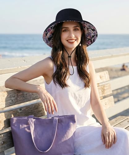 Womens Foldable Shapeable Brim Sun Hat UPF 50+ Cotton Wide Brim Beach Adjustable Chin Strap Hat Sun Protection Cap - color: Z5-black
