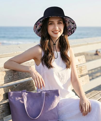 Womens Foldable Shapeable Brim Sun Hat UPF 50+ Cotton Wide Brim Beach Adjustable Chin Strap Hat Sun Protection Cap - color: Z5-black