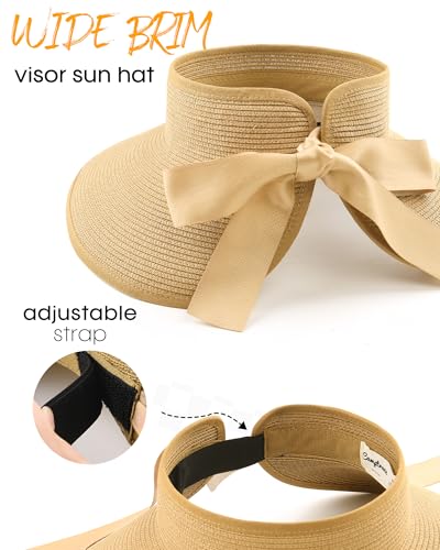 Camptrace Women's Straw Sun Visor Hat UPF Wide Shade Ponytail Summer Hat - color: 01-popular Choice Khaki