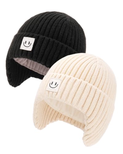 FURTALK Baby Beanie Toddler Winter Warm Hat Infant Soft Fleece Lined with Earflap Cute Knit Kids Caps - color: Black+beige, size: 2-6 Years