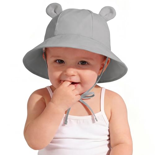 Zando Wide Brim Baby Sun Bucket Hat 0-4T UPF 50+ - Sun Protection Toddler Beach Hats with Bear Ears Infant Hat Adjustable - color: Light Grey, size: 12-24 Months