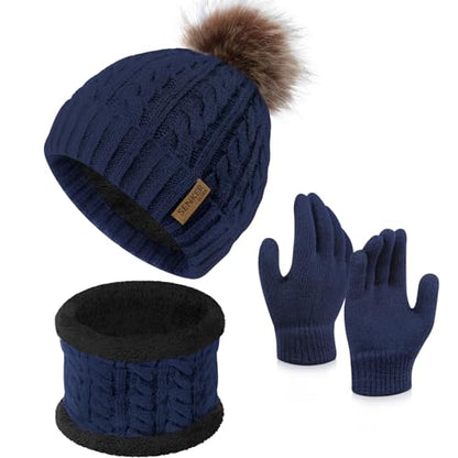 Kids Winter Hat Gloves Scarf Set, Boys and Girls Beanie Hat - color: Navy Blue