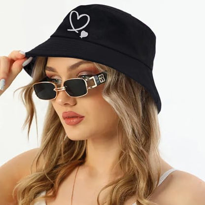 XYIYI 2 Pack Unisex Bucket Hat for Women Men Summer Beach Fishing Hat Sun Hat - color: Double Heart Black White