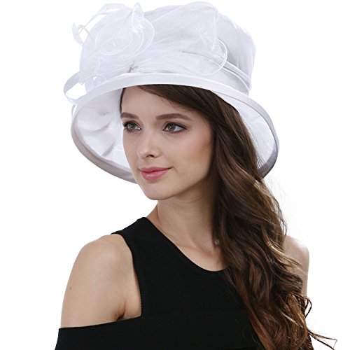 Womens Church Derby Wide Brim Sun Hat Girl Tea Party Headwear Bridal Wedding Fascinator - color: White