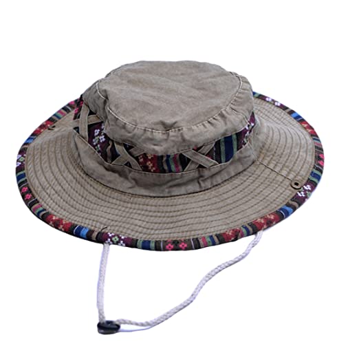 Bucket Hat for Men and Women, Wide Brim Floral Adjustable UV Protection Fishing Washed Sun Hats, Cowboy Hat - color: Khaki