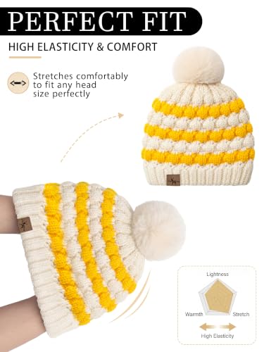 Winter Hats for Women Cable Knit Chunky Skull Cap Fleece Lined Thick Fold Cuff Beanie hat - color: Ginger& Cream Beanie, style: Pineapple