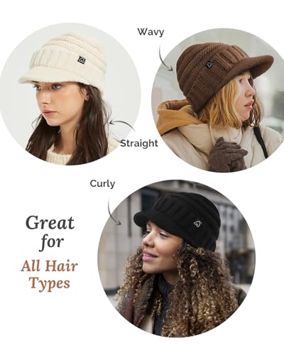 Hat Hut Beanie Hats for Women Men Satin Lined Winter Hats for Women Slouchy Beanies Satin Lined Beanie with Brim Visor - color: Beige