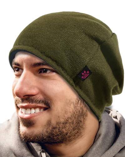 Lvaiz Winter Fleece Lined Beanie Hat for Men Women Reversible Skull Cap - color: Olive Green+grey