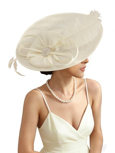 Unpifolov Fascinators Hats Elegant Women Flower Mesh Feathers Wedding Cocktail Bride Headband for Derby Hat Tea Party - color: Beige