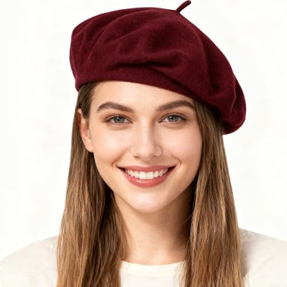 Women French Beret Hat Solid Artist Hat Wool Beret Winter Warm Beanie Cap - color: Dark Red